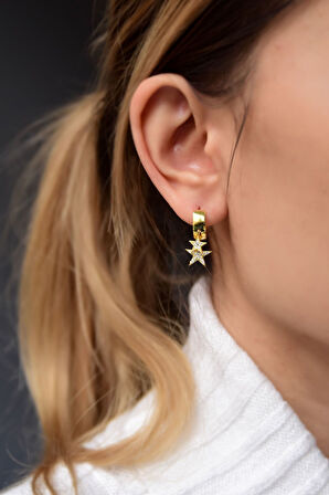 925 Ayar Gümüş Gold Kaplama Zirkon Taşlı Ikili Yıldız Halka Küpe