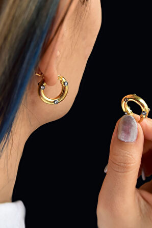 925 Ayar Gümüş Altın Kaplama Taşlı Tasarım Halka Küpe