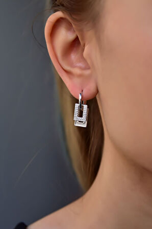 925 Ayar Gümüş Rodyum Kaplama Ikılı Dikdörtgen Halka Küpe