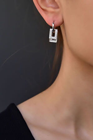 925 Ayar Gümüş Rodyum Kaplama Ikılı Dikdörtgen Halka Küpe