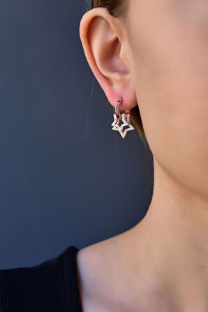 925 Ayar Gümüş Rose Kaplama Ikılı Zirkon Taşlı Yıldız Halka Küpe