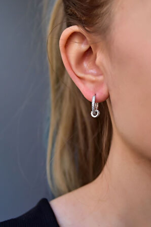 925 Ayar Gümüş Rodyum Kaplama Zirkon Taşlı Üçlü Iç Içe Geçme Halka Küpe