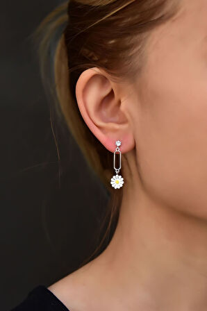 925 Ayar Gümüş Rodyum Kaplama Sallantılı Köşesiz Dikdörtgen Tektaş Papatya Küpe