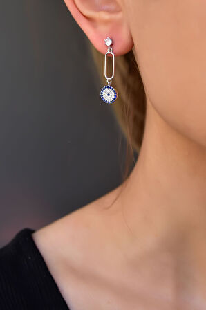 925 Ayar Gümüş Rodyum Kaplama Sallantılı Köşesiz Dikdörtgen Tektaş Nazar Küpe