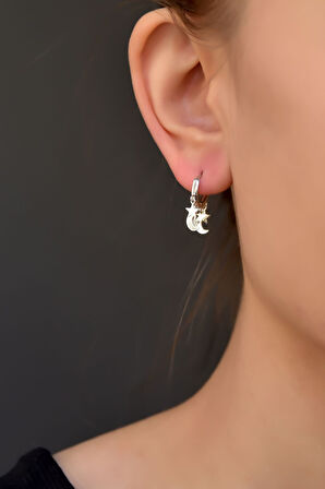 925 Ayar Gümüş Rodyum Kaplama Ikili Ay Yıldız Halka Küpe