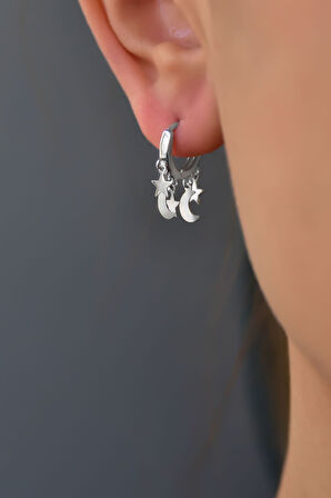 925 Ayar Gümüş Rodyum Kaplama Ikili Ay Yıldız Halka Küpe