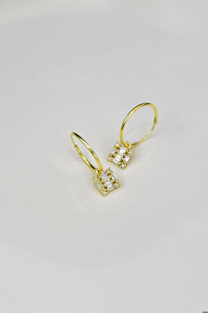 925 Ayar Gümüş Gold Kaplama Baget Taşlı Kare Halka Küpe