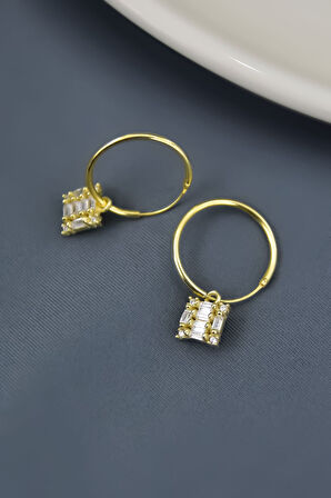 925 Ayar Gümüş Gold Kaplama Baget Taşlı Kare Halka Küpe
