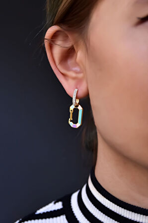 925 Ayar Gümüş Gold Kaplama Mineli Dikdörtgen Taşlı Halka Küpe