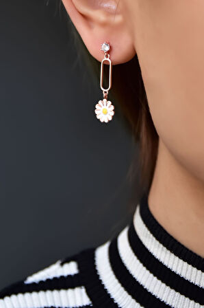 925 Ayar Gümüş Rose Kaplama Sallantılı Köşesiz Dikdörtgen Tektaş Papatya Küpe