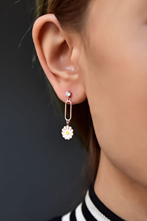 925 Ayar Gümüş Rose Kaplama Sallantılı Köşesiz Dikdörtgen Tektaş Papatya Küpe