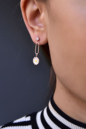 925 Ayar Gümüş Rose Kaplama Sallantılı Köşesiz Dikdörtgen Tektaş Papatya Küpe