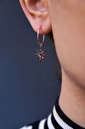 925 Ayar Gümüş Rose Kaplama Mix Taşlı Kutup Yıldızı Halka Küpe