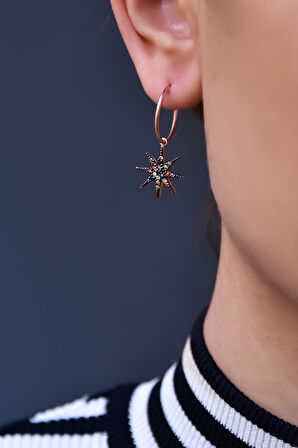 925 Ayar Gümüş Rose Kaplama Mix Taşlı Kutup Yıldızı Halka Küpe