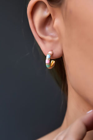 925 Ayar Gümüş Gold Kaplama Renkli Mineli Zirkon Taşlı Halka Küpe