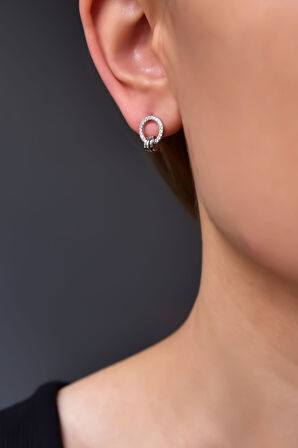 925 Ayar Gümüş Rodyum Kaplama Zirkon Taşlı Çemberde Üçlü Halka Çivili Küpe