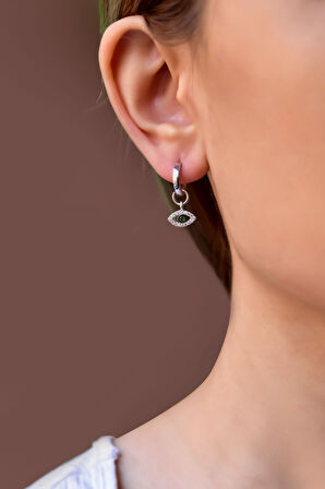 925 Ayar Gümüş Rodyum Kaplama Yeşil Taşlı Göz Halka Küpe