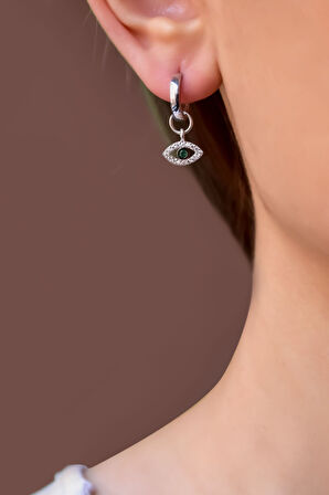 925 Ayar Gümüş Rodyum Kaplama Yeşil Taşlı Göz Halka Küpe