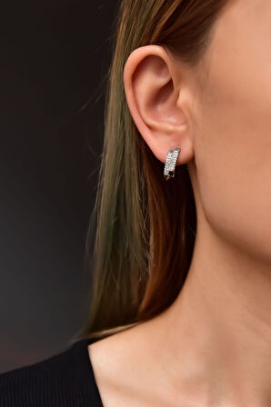 925 Ayar Gümüş Rodyum Kaplama Çift Sıra Zirkon Taş Klipsli Küpe