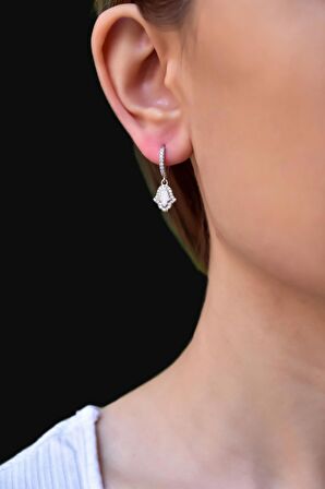 925 Ayar Gümüş Rodyum Kaplama Zirkon Taşlı Opal Taşlı Fatma Eli Halka Küpe