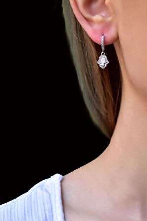 925 Ayar Gümüş Rodyum Kaplama Zirkon Taşlı Opal Taşlı Fatma Eli Halka Küpe