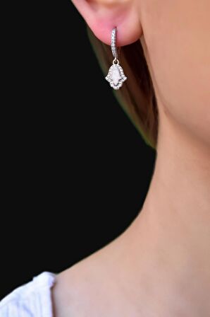 925 Ayar Gümüş Rodyum Kaplama Zirkon Taşlı Opal Taşlı Fatma Eli Halka Küpe