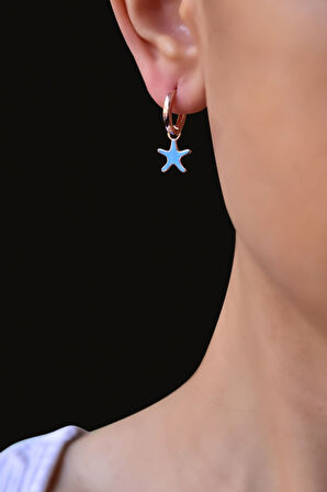 925 Ayar Gümüş Rose Kaplama Mavi Mineli Yıldız Halka Küpe