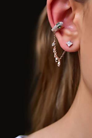 925 Ayar Gümüş Rose Kaplama Tekli Ear Cuff Chain Snake Küpe