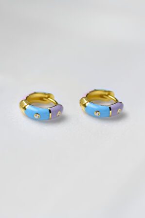 925 Ayar Gümüş Gold Kaplama Zirkon Taşlı Renkli Mineli Halka Küpe