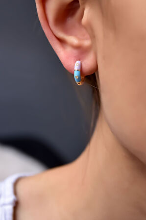 925 Ayar Gümüş Gold Kaplama Zirkon Taşlı Renkli Mineli Halka Küpe