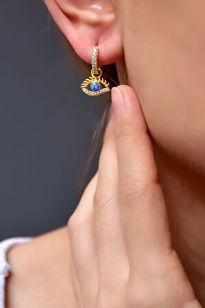 925 Ayar Gümüş Gold Kaplama Opal Taşlı Kirpik Göz Küpe