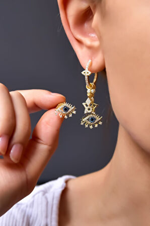 925 Ayar Gümüş Gold Kaplama Şans Göz Stilize Sallantılı Küpe