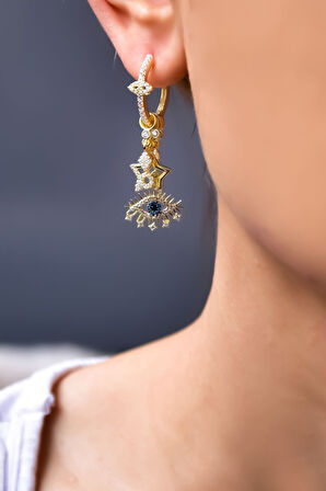 925 Ayar Gümüş Gold Kaplama Şans Göz Stilize Sallantılı Küpe