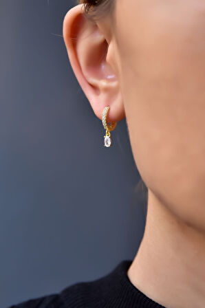 925 Ayar Gümüş Gold Kaplama Zirkon Taşlı Damla Halka Küpe