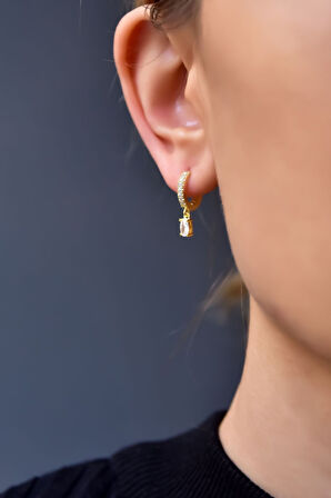 925 Ayar Gümüş Gold Kaplama Zirkon Taşlı Damla Halka Küpe