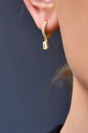 925 Ayar Gümüş Gold Kaplama Zirkon Taşlı Damla Halka Küpe