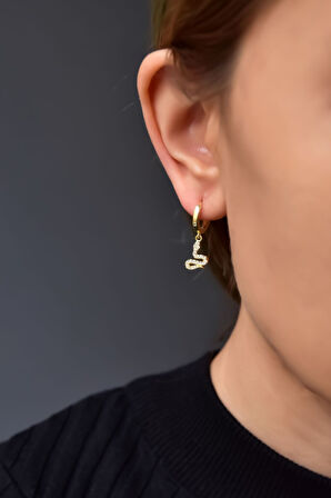 925 Ayar Gümüş Gold Kaplama Zirkon Taşlı Yılan Halka Küpe