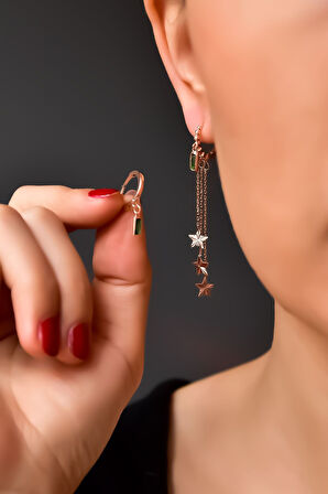 925 Ayar Gümüş Rose Kaplama Tekli Üçlü Zincir Yıldız Ve Yeşil Baget Taşlı Halka Küpe