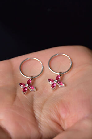 925 Ayar Gümüş Rodyum Kaplama Fuşya Zirkon Taşlı Plumeria Halka Küpe