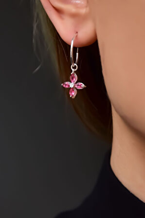 925 Ayar Gümüş Rodyum Kaplama Fuşya Zirkon Taşlı Plumeria Halka Küpe