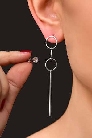 925 Ayar Gümüş Rodyum Kaplama Üç Halka Çubuk Ve Tektaş Küpe