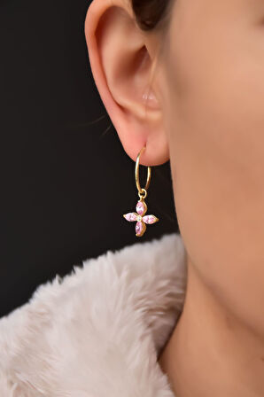 925 Ayar Gümüş Gold Kaplama Pembe Zirkon Taşlı Plumeria Halka Küpe