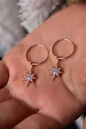 925 Ayar Gümüş Gold Kaplama Zirkon Taşlı Kutup Halka Küpe