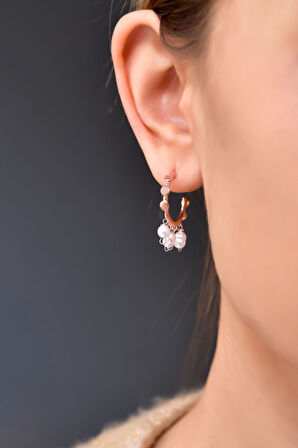 925 Ayar Gümüş Rose Kaplama Inci Taşlı Shakira Halka Küpe