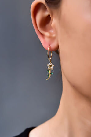 925 Ayar Gümüş Gold Kaplama Şampanya Taşlı Papatya Küpe