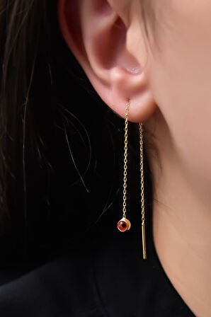 925 Ayar Gümüş Gold Kaplama Turuncu Cam Göz Zincir Küpe