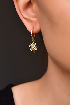 925 Ayar Gümüş Gold Kaplama Iki Renkli Dorika Toplu Yonca Halka Küpe