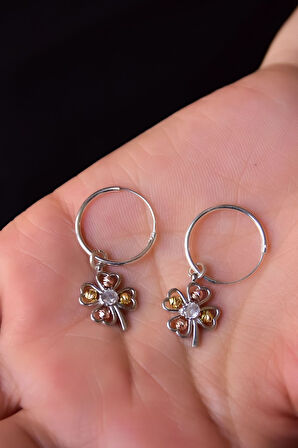 925 Ayar Gümüş Rodyum Kaplama Iki Renkli Dorika Toplu Yonca Tel Halka Küpe