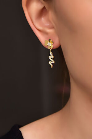 925 Ayar Gümüş Hediyeli Gold Kaplama Frezya Çiçeği Yılan Küpe