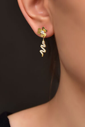 925 Ayar Gümüş Hediyeli Gold Kaplama Frezya Çiçeği Yılan Küpe